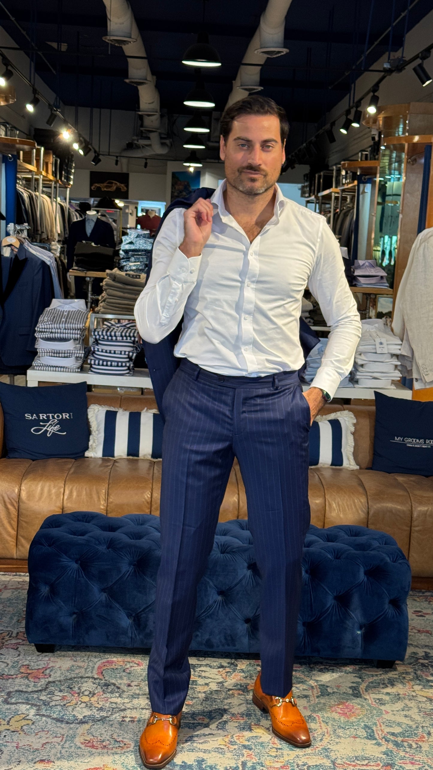 Classic Elegance with a Modern Twist: Double Breasted Suit with White Pinstripes