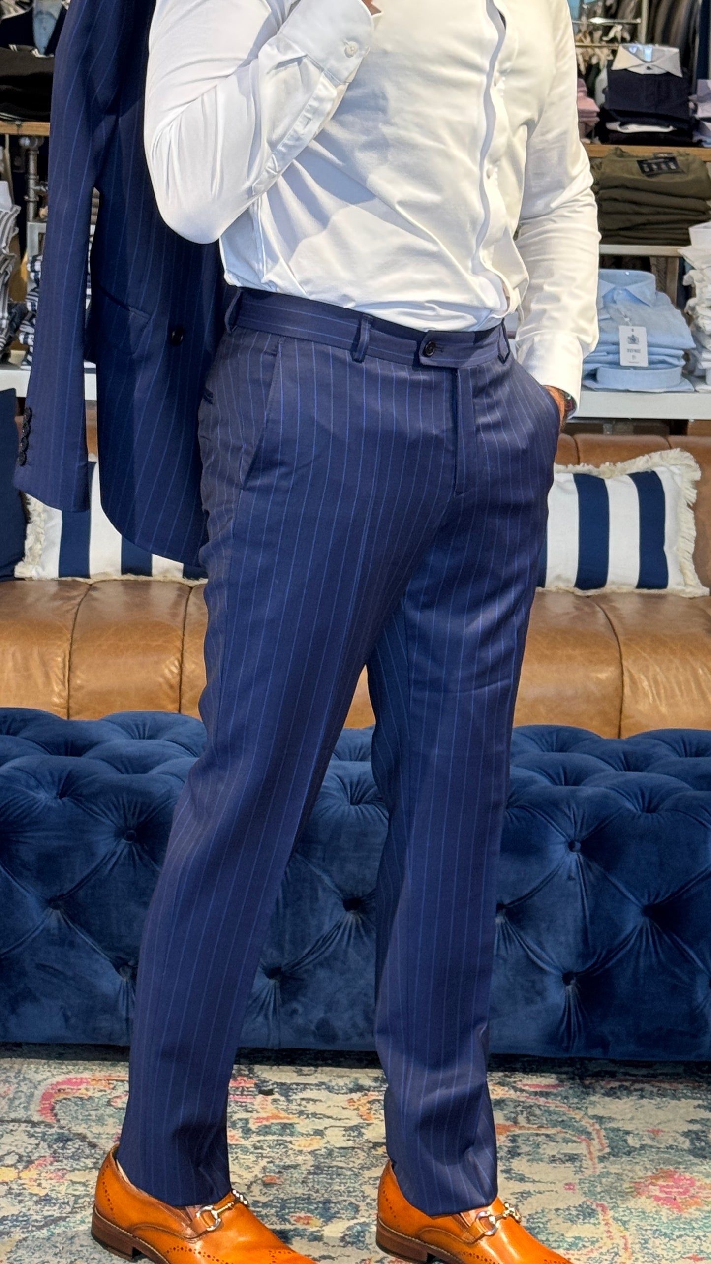 Classic Elegance with a Modern Twist: Double Breasted Suit with White Pinstripes