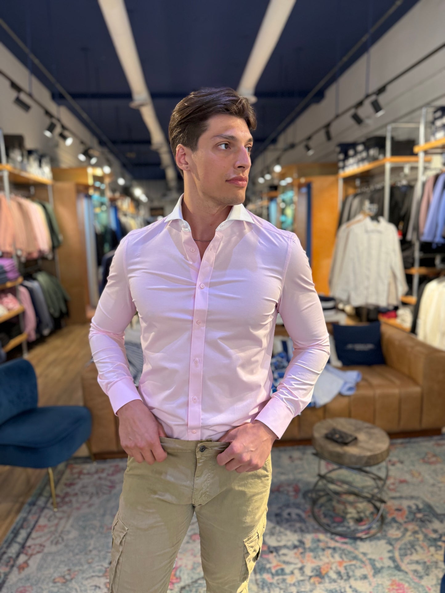 Pink with white collar Stretch Long Sleeve