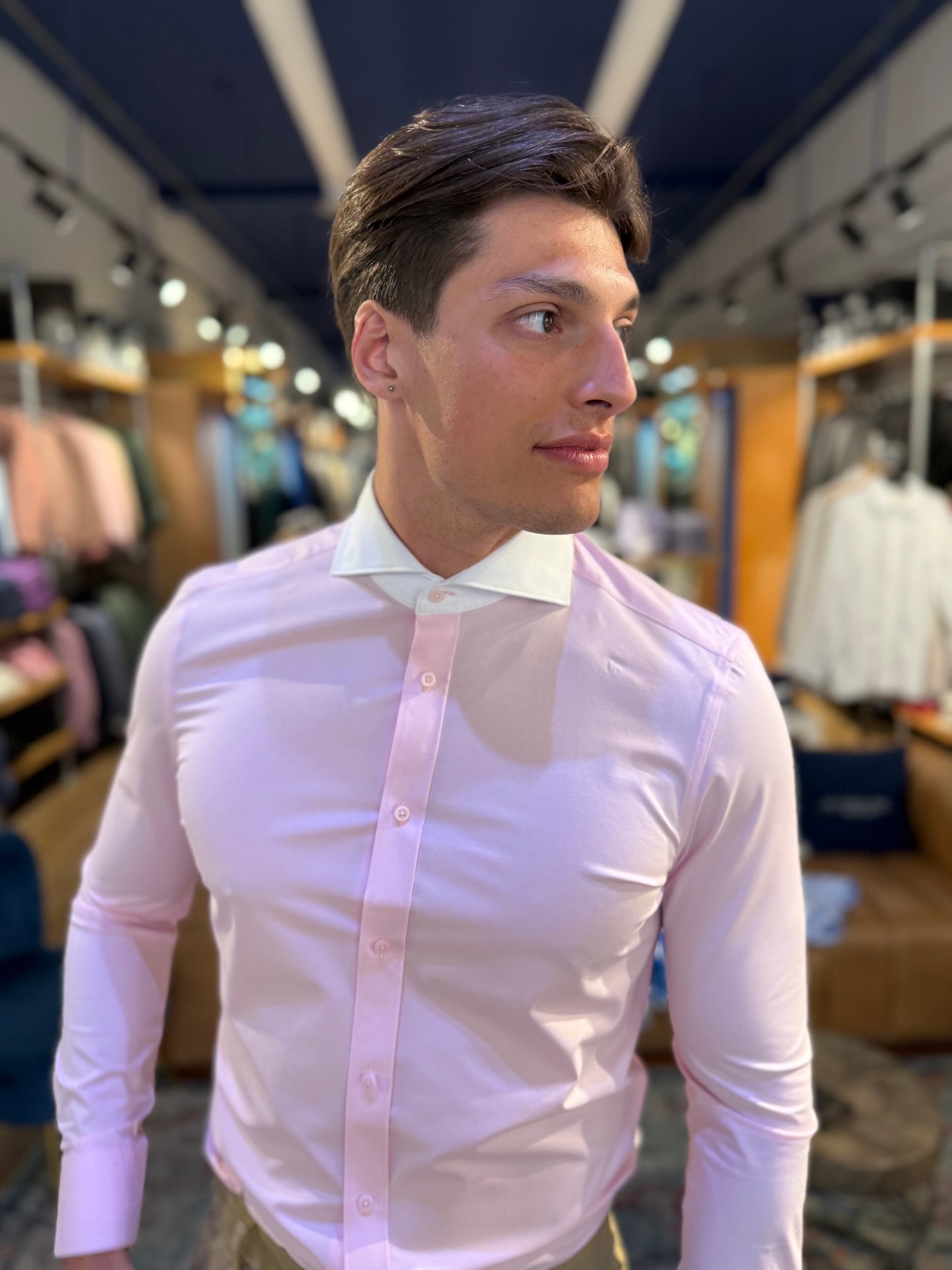 Pink with white collar Stretch Long Sleeve
