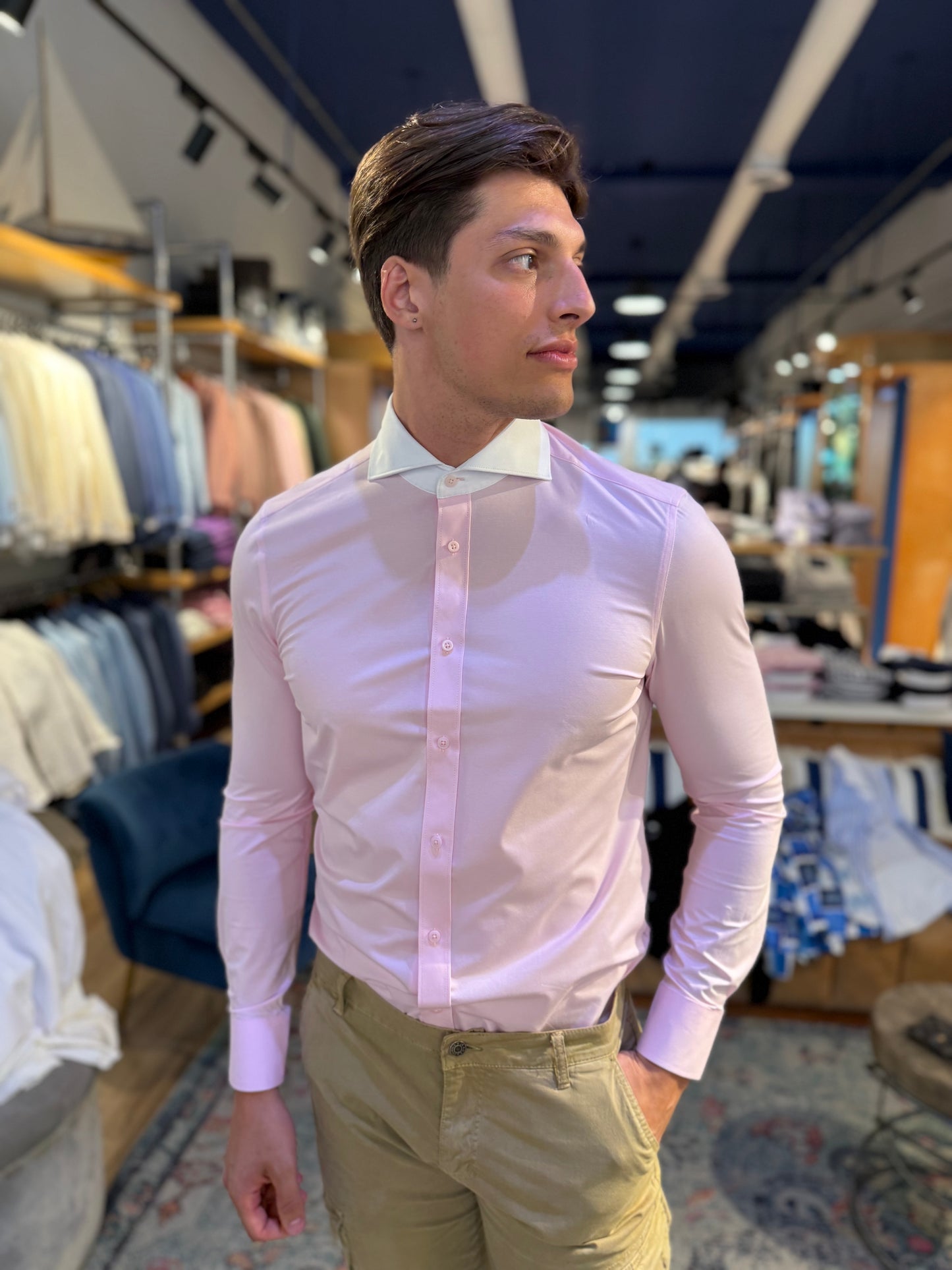 Pink with white collar Stretch Long Sleeve