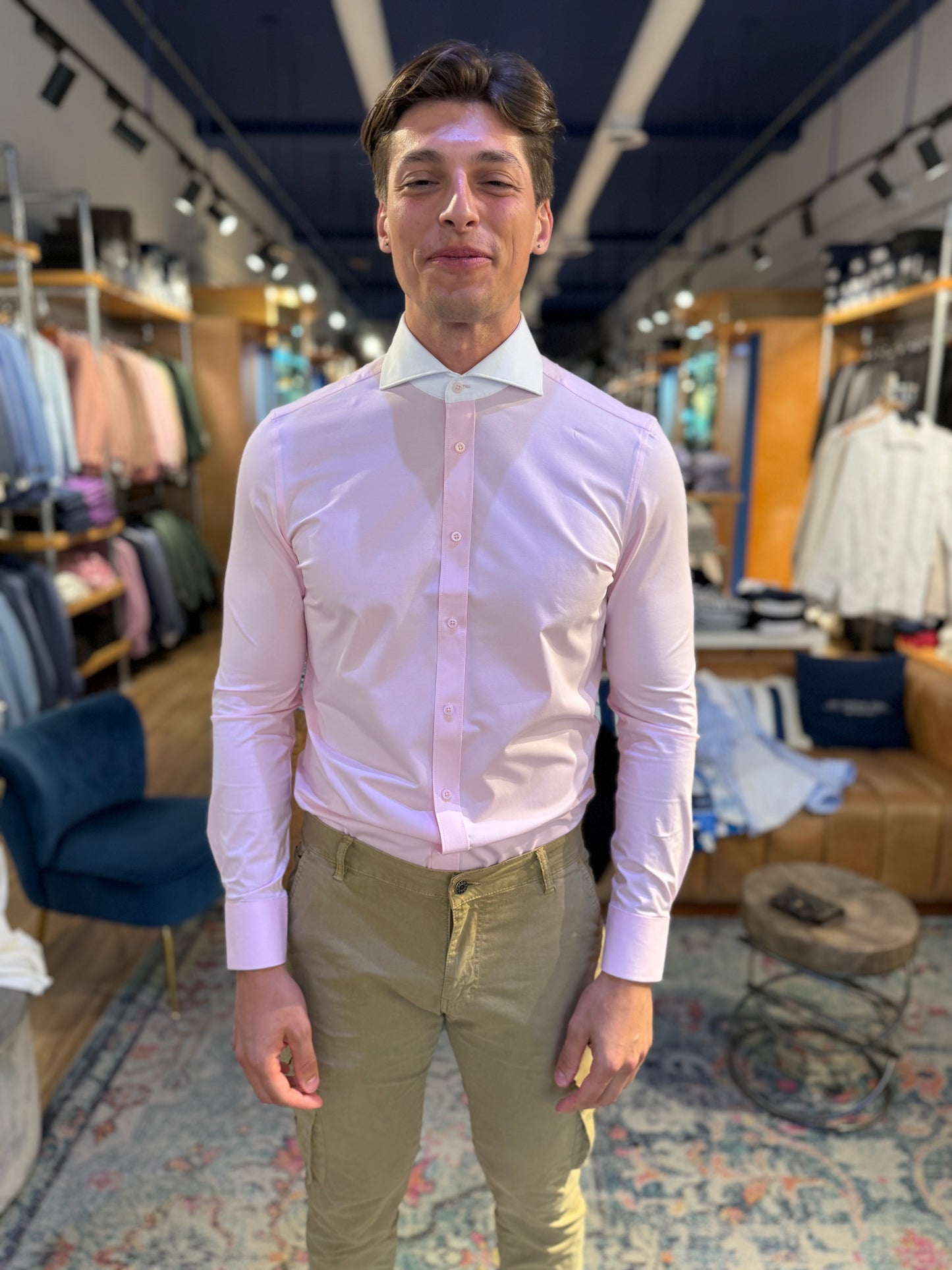 Pink Stretch Shirt with white collar contrast Long Sleeve