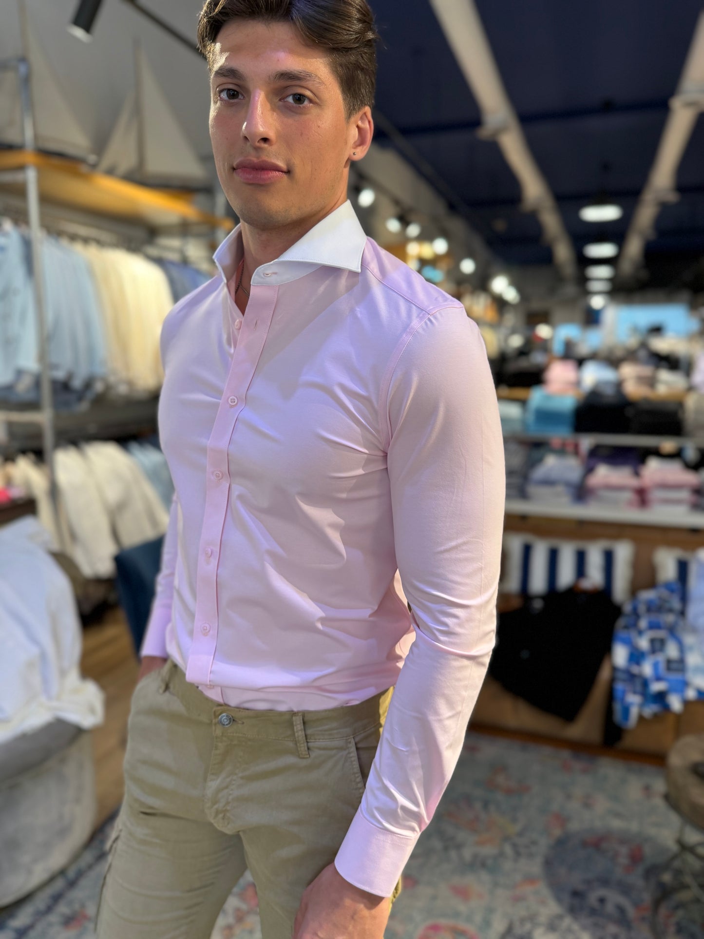 Pink with white collar Stretch Long Sleeve