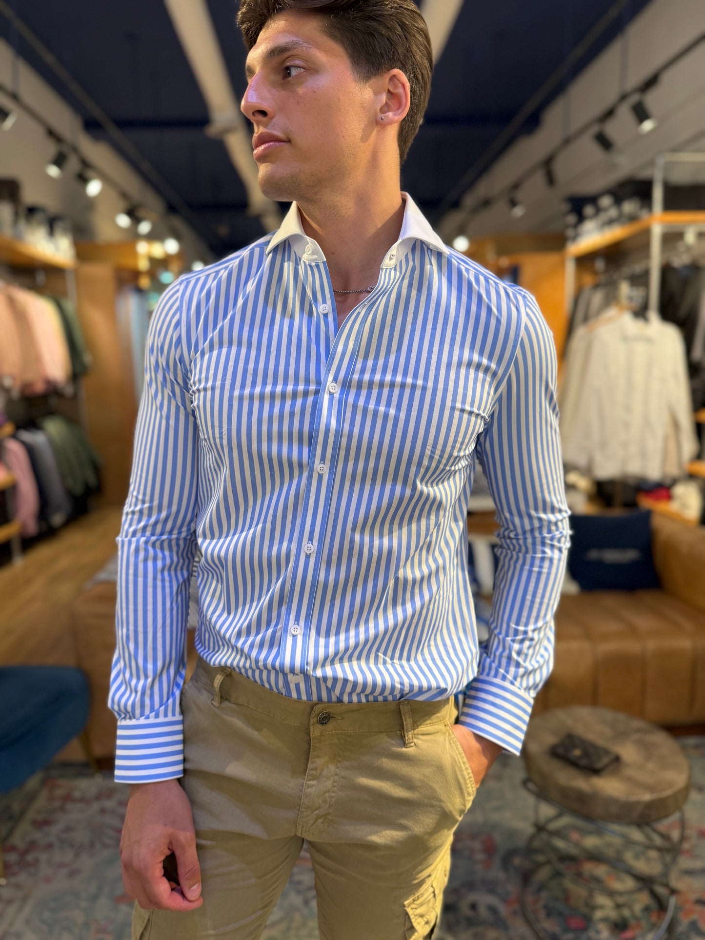 Blue Stripe Sartorilife Shirt with White Collar