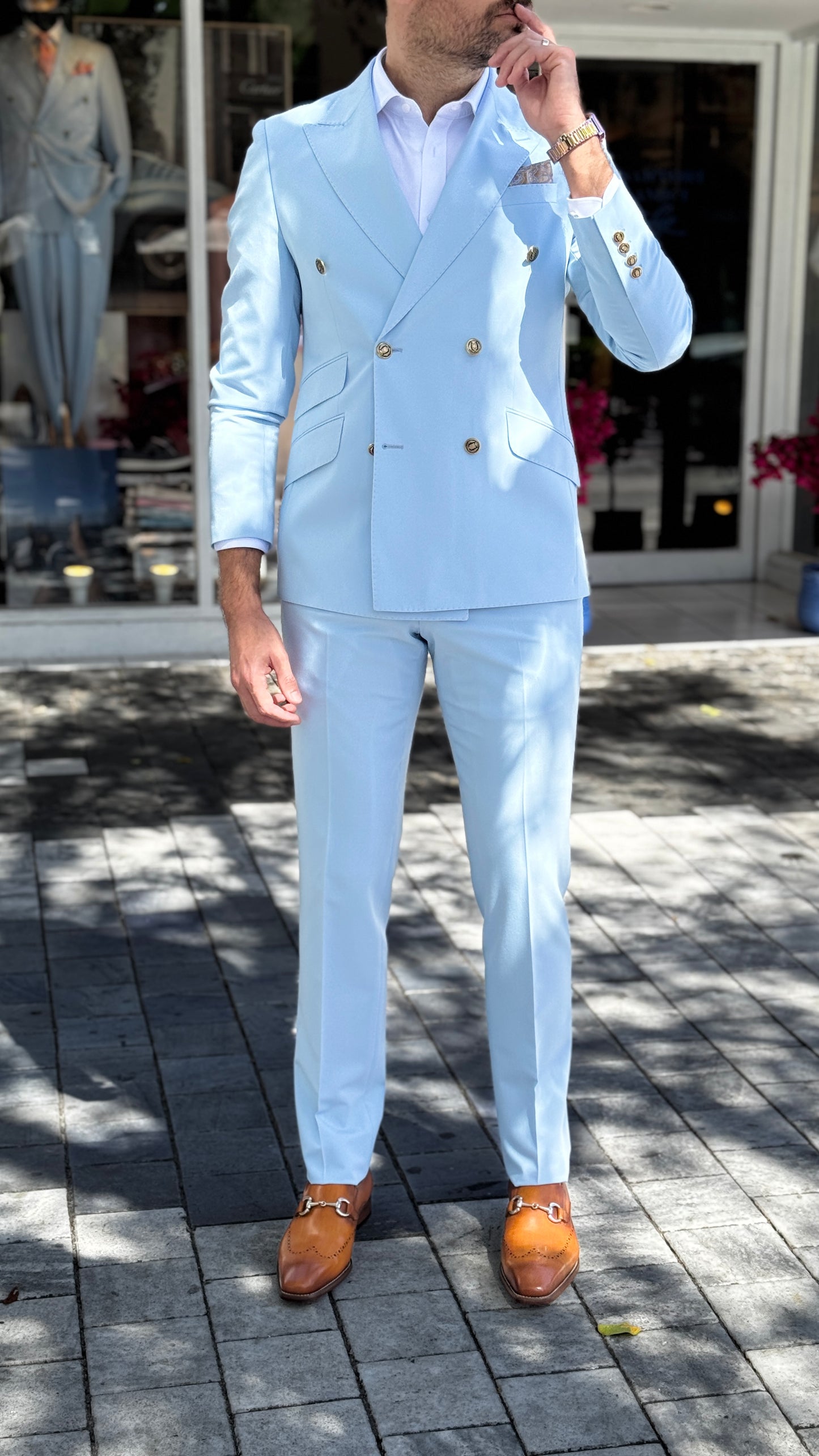 Sky Blue Double - Breasted Suit