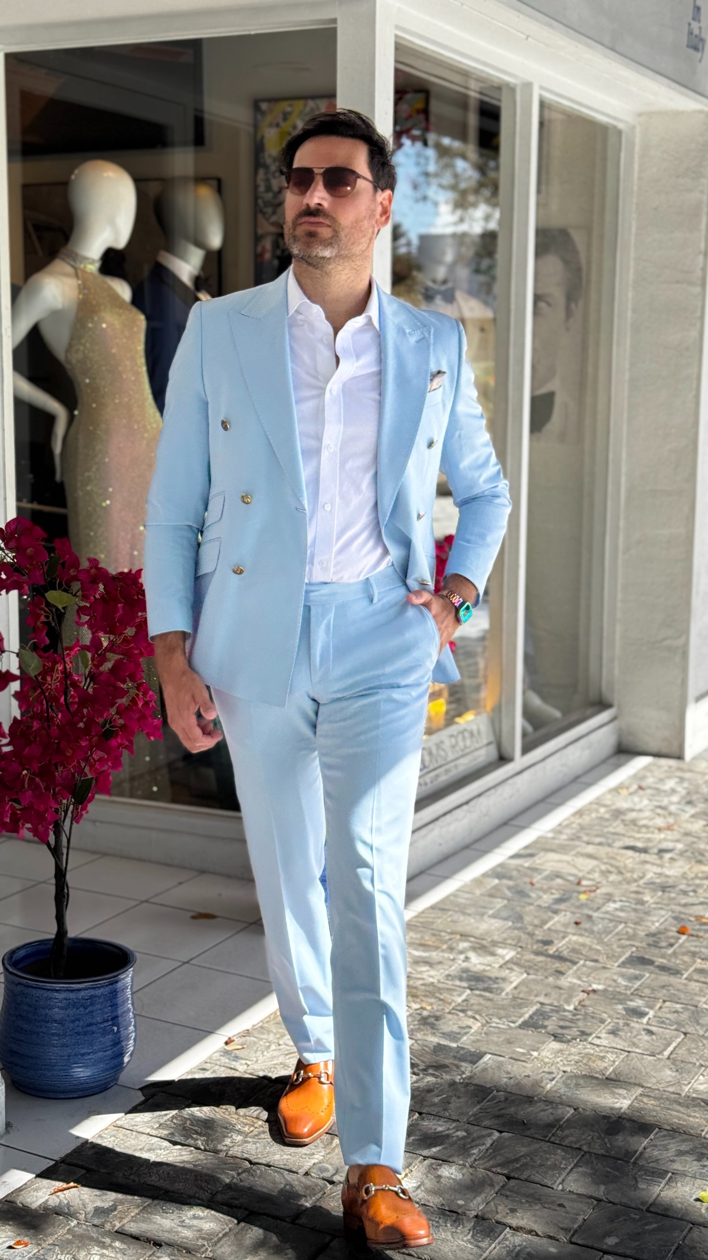 Sky Blue Double - Breasted Suit
