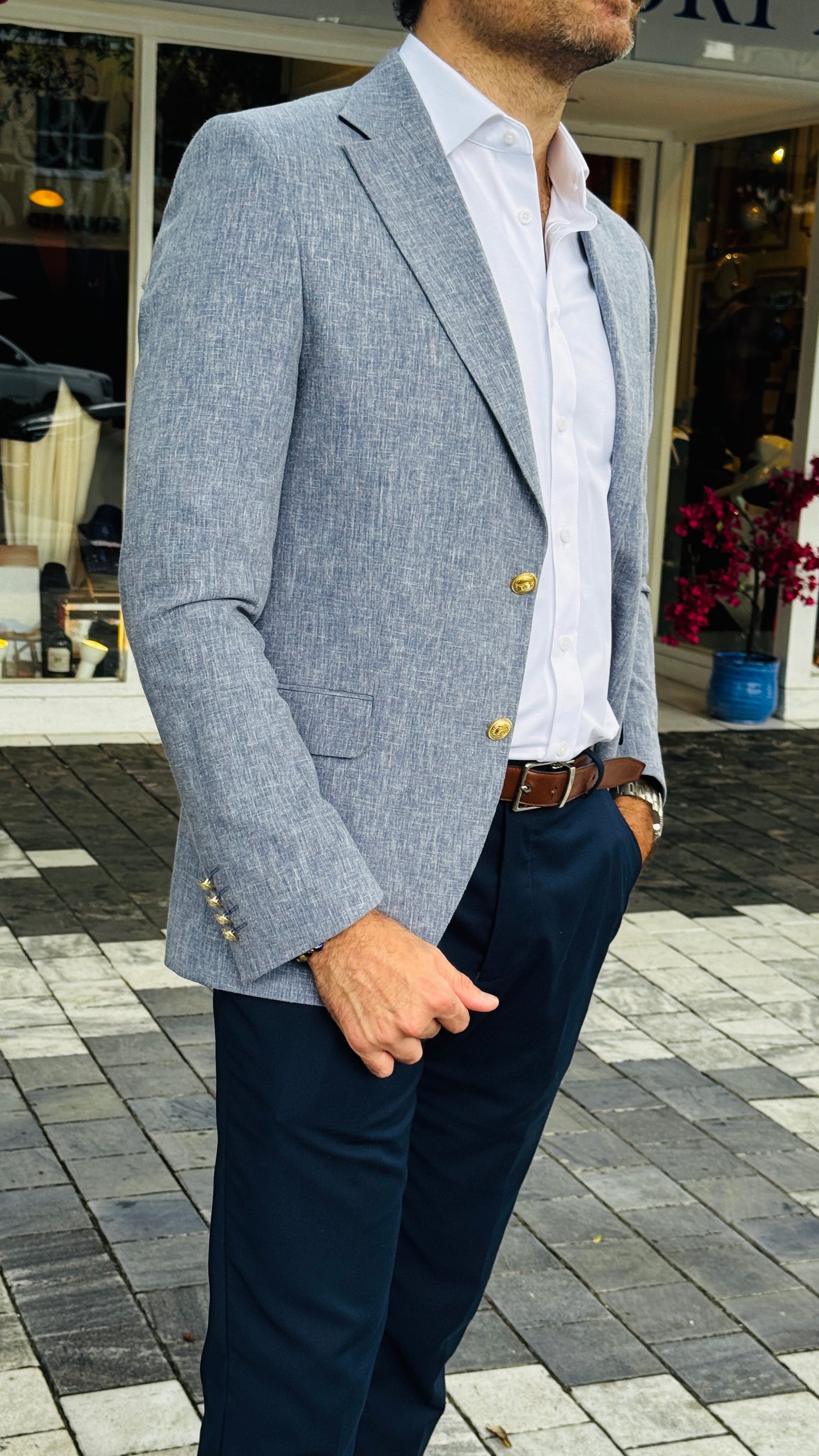 Light Blue Textured Blazer with Gold Buttons – Sartori Amici