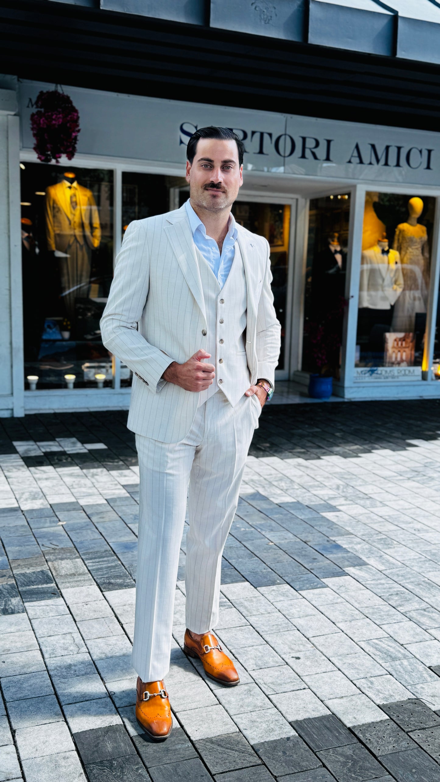 Three-Piece Beige Suit with Fine Gold Stripes