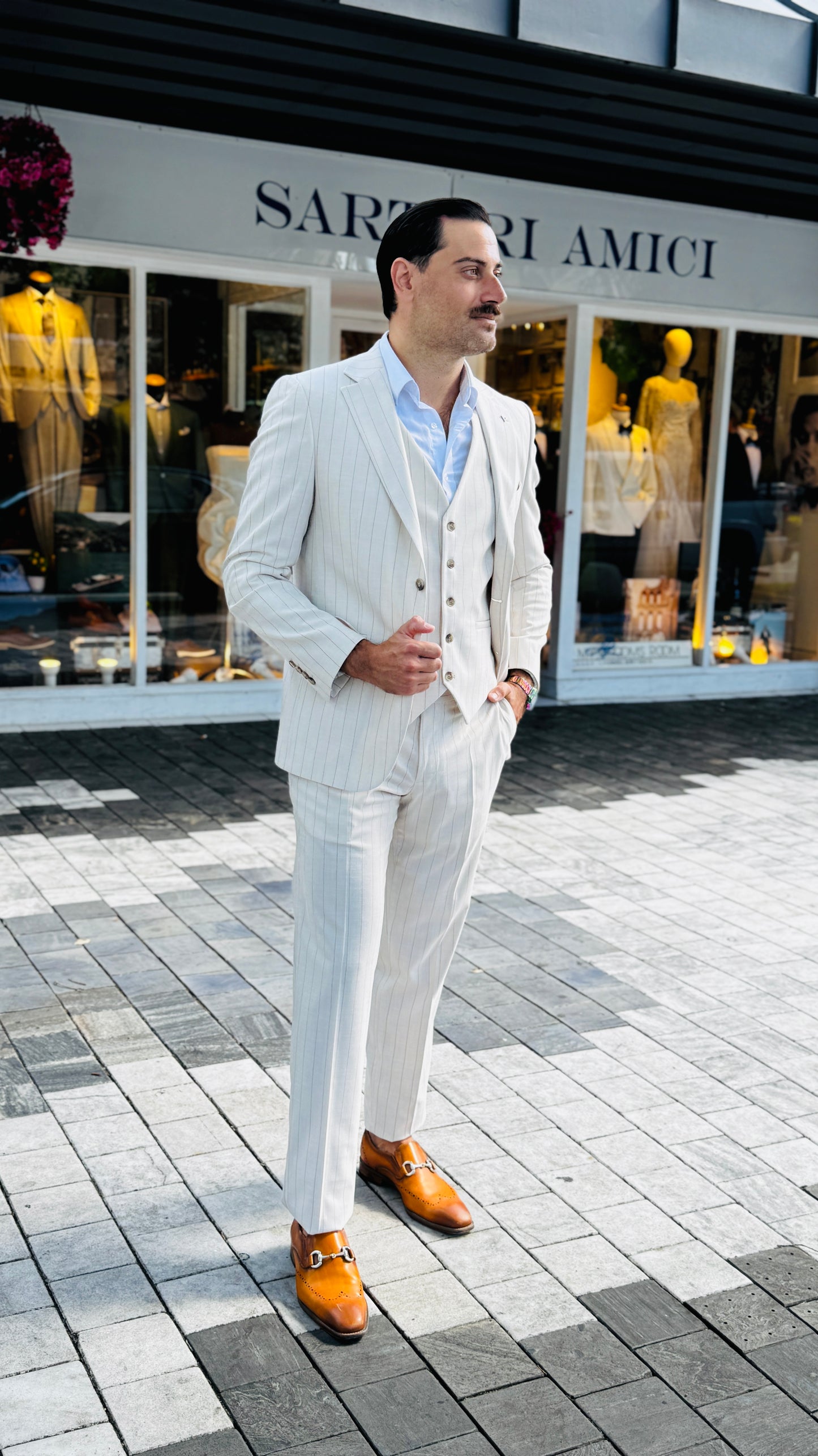 Three-Piece Beige Suit with Fine Gold Stripes