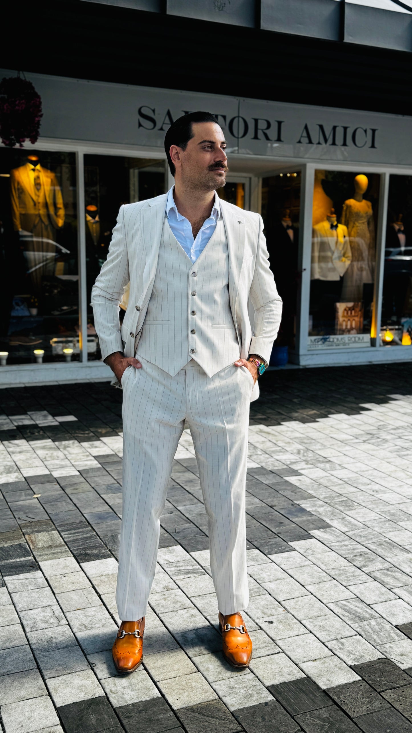 Three-Piece Beige Suit with Fine Gold Stripes