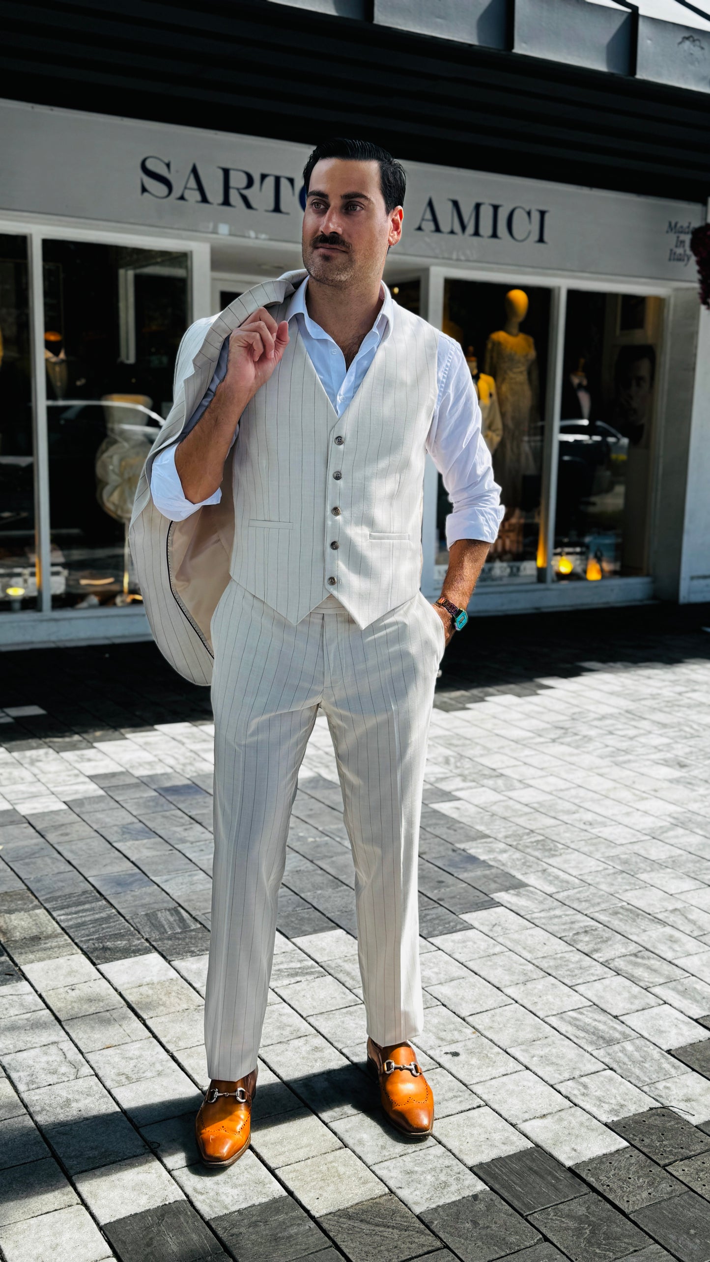 Three-Piece Beige Suit with Fine Gold Stripes
