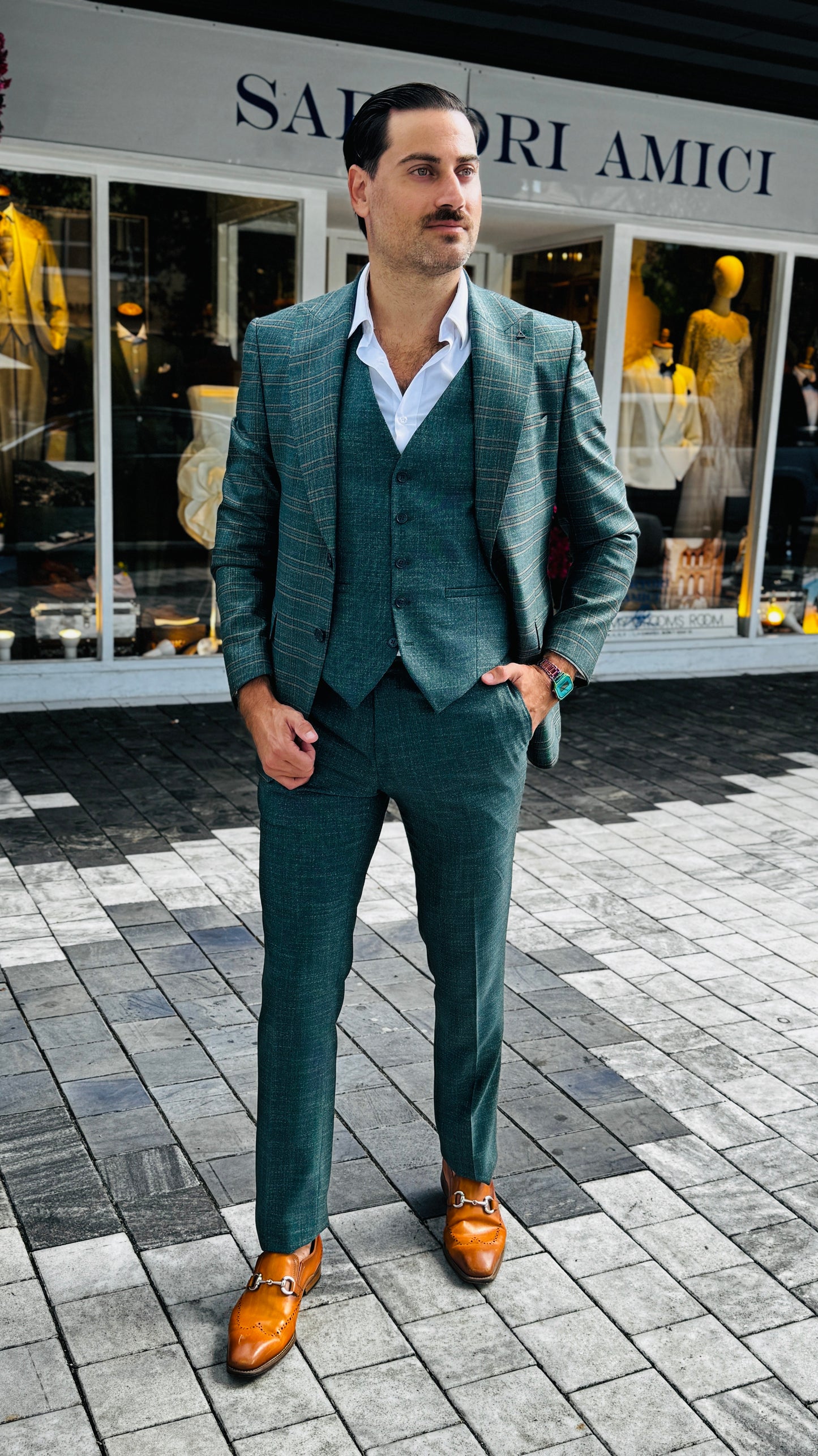 Three-Piece Green Suit with English-Style Checkered Jacket