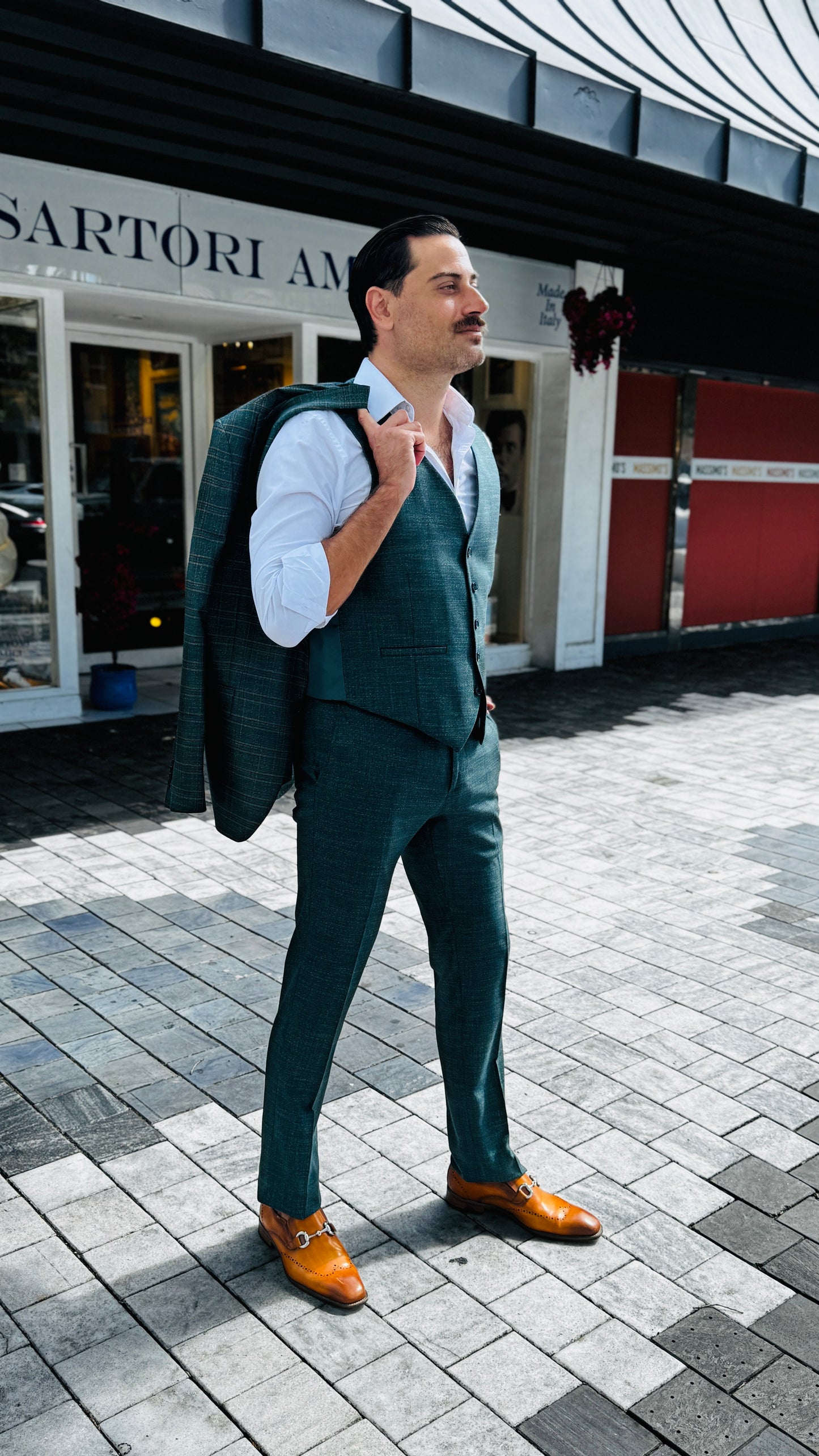 Three-Piece Green Suit with English-Style Checkered Jacket