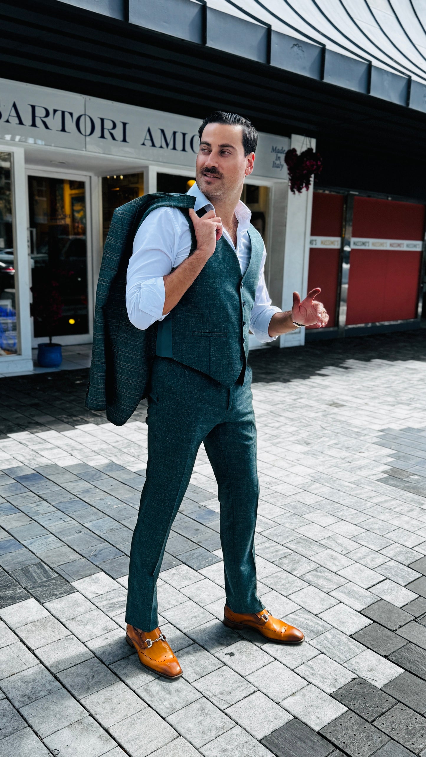 Three-Piece Green Suit with English-Style Checkered Jacket