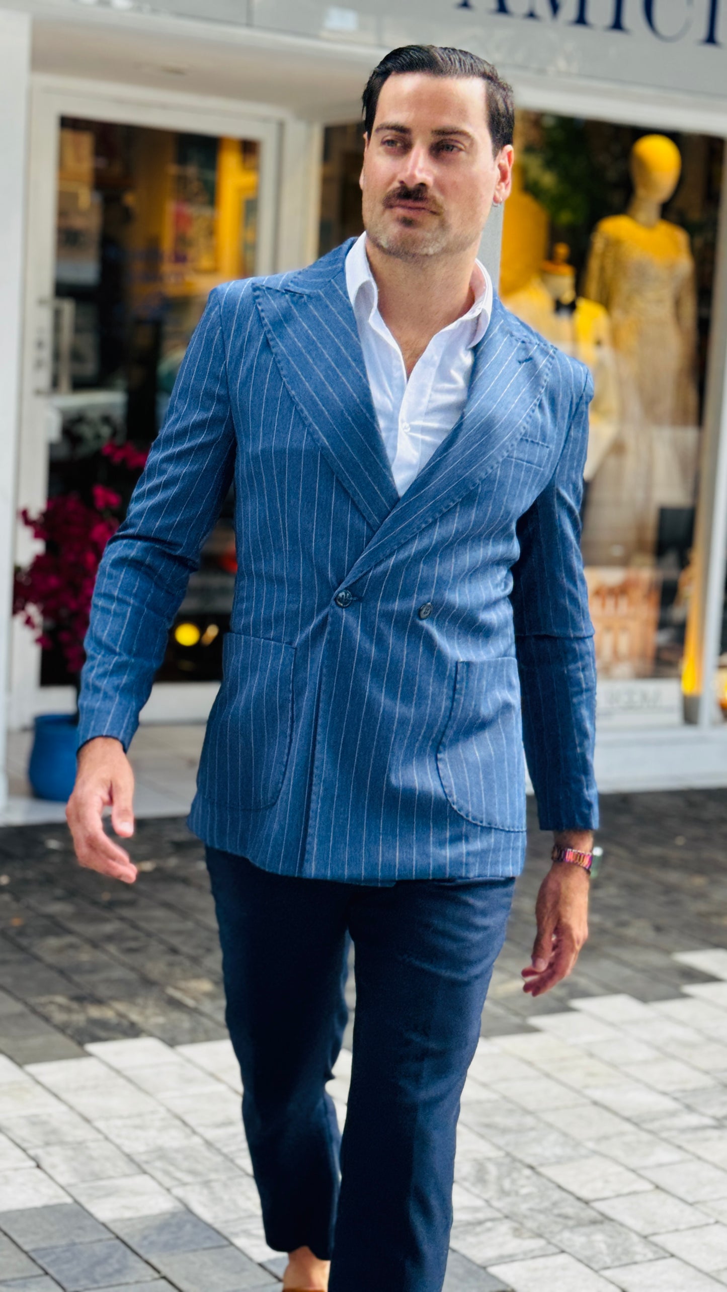 Blue Double-Breasted Jacket with White Stripes – Made in Naples, Italy