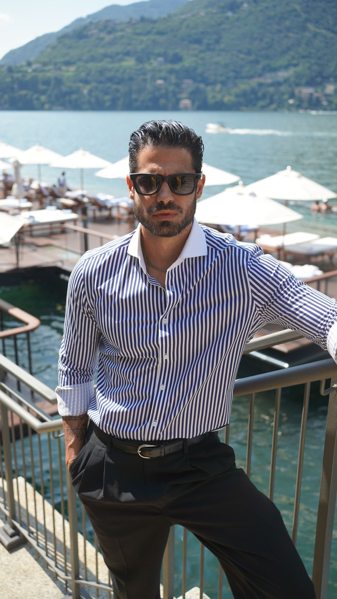Navy Stripe Stretch Shirt with white Collar contrast