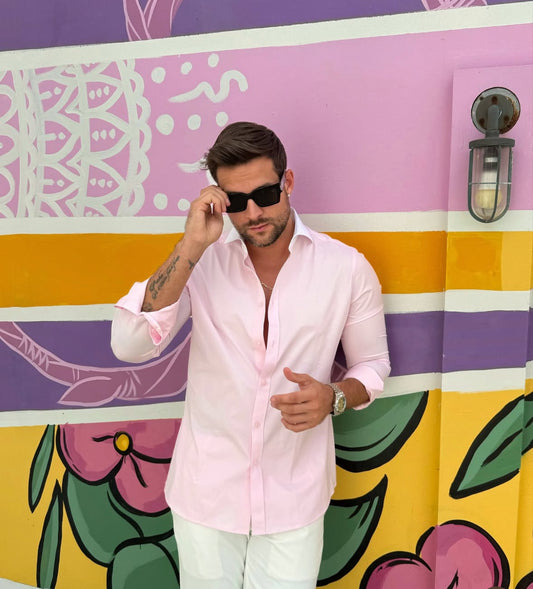 Pink Stretch Shirt with white collar contrast Long Sleeve