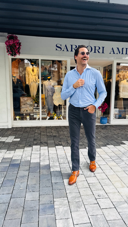 Smart Casual Blue Shirt & Charcoal Pants Look