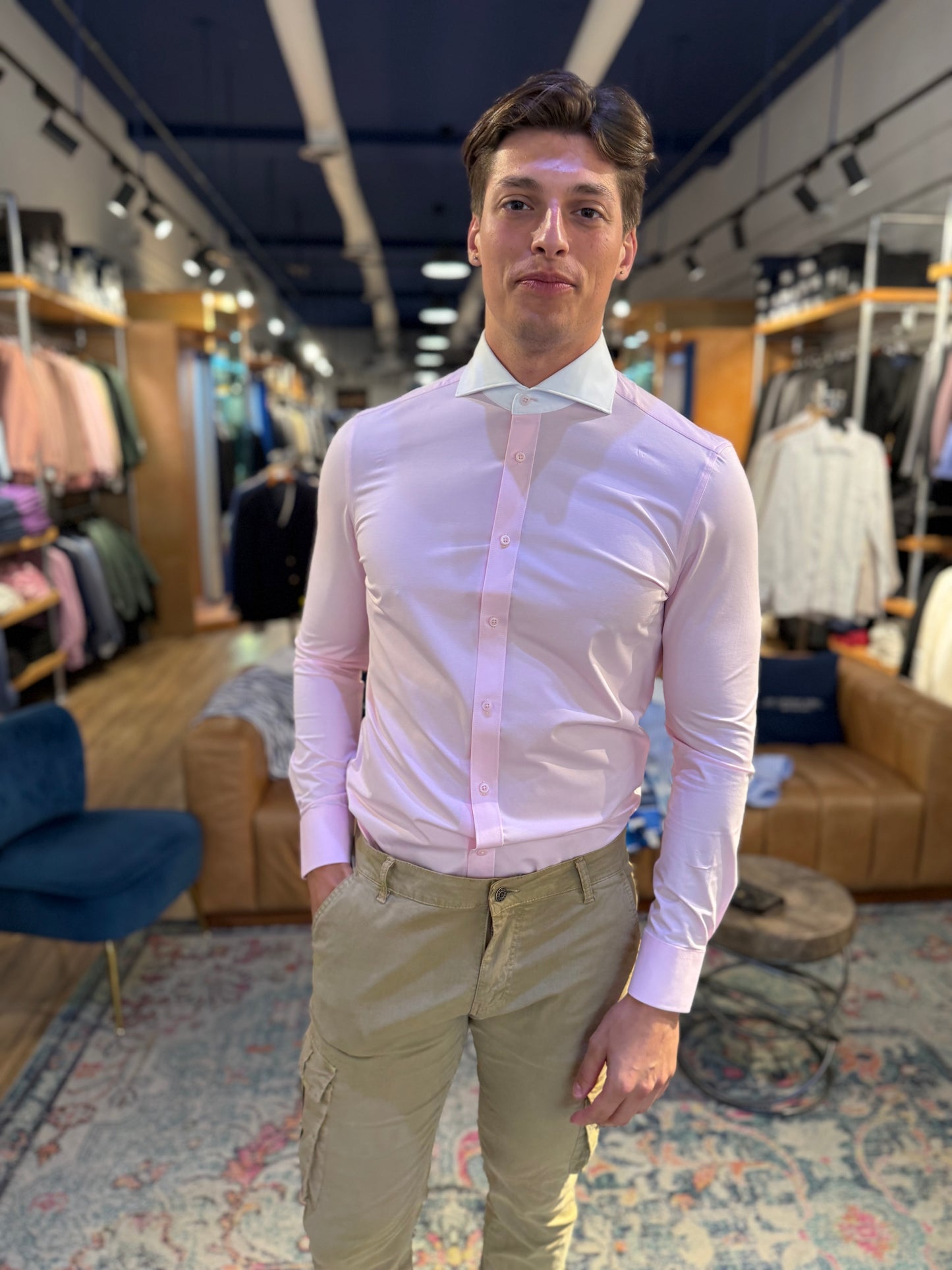 Pink with white collar Stretch Long Sleeve