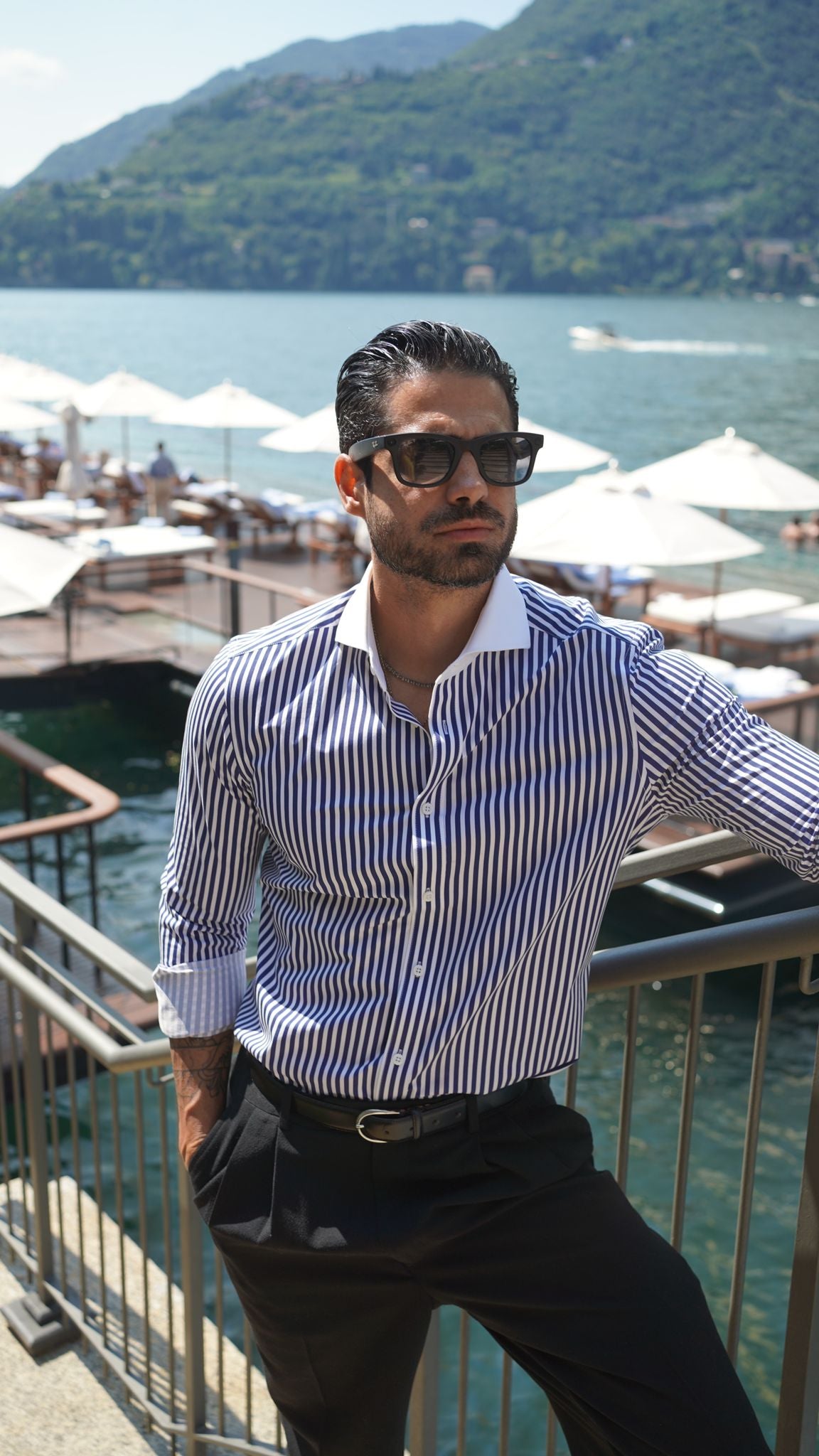 Navy Stripe Stretch Shirt with white Collar contrast
