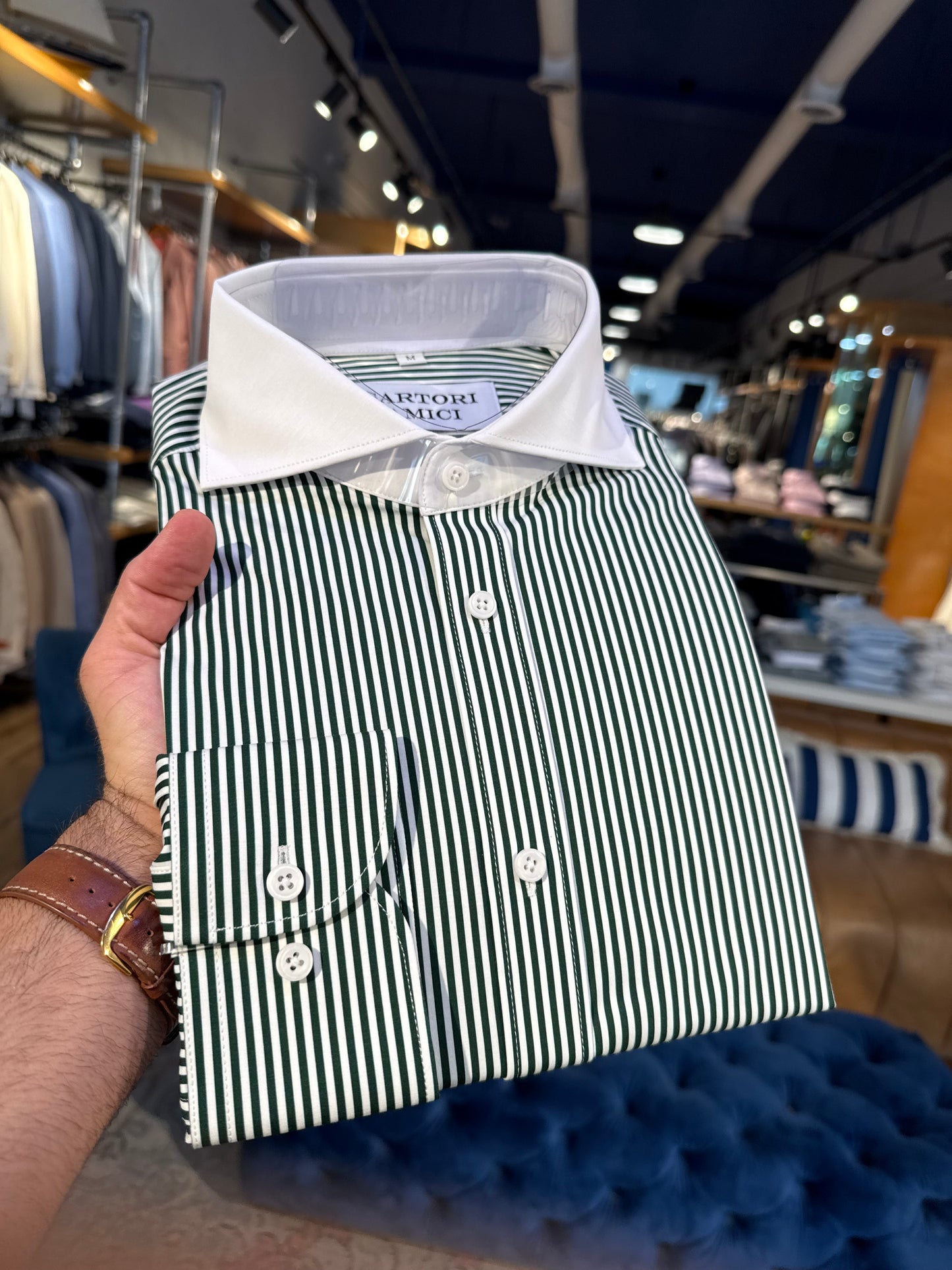 Green Striped Dress Shirt with White Collar – Sartori Amici