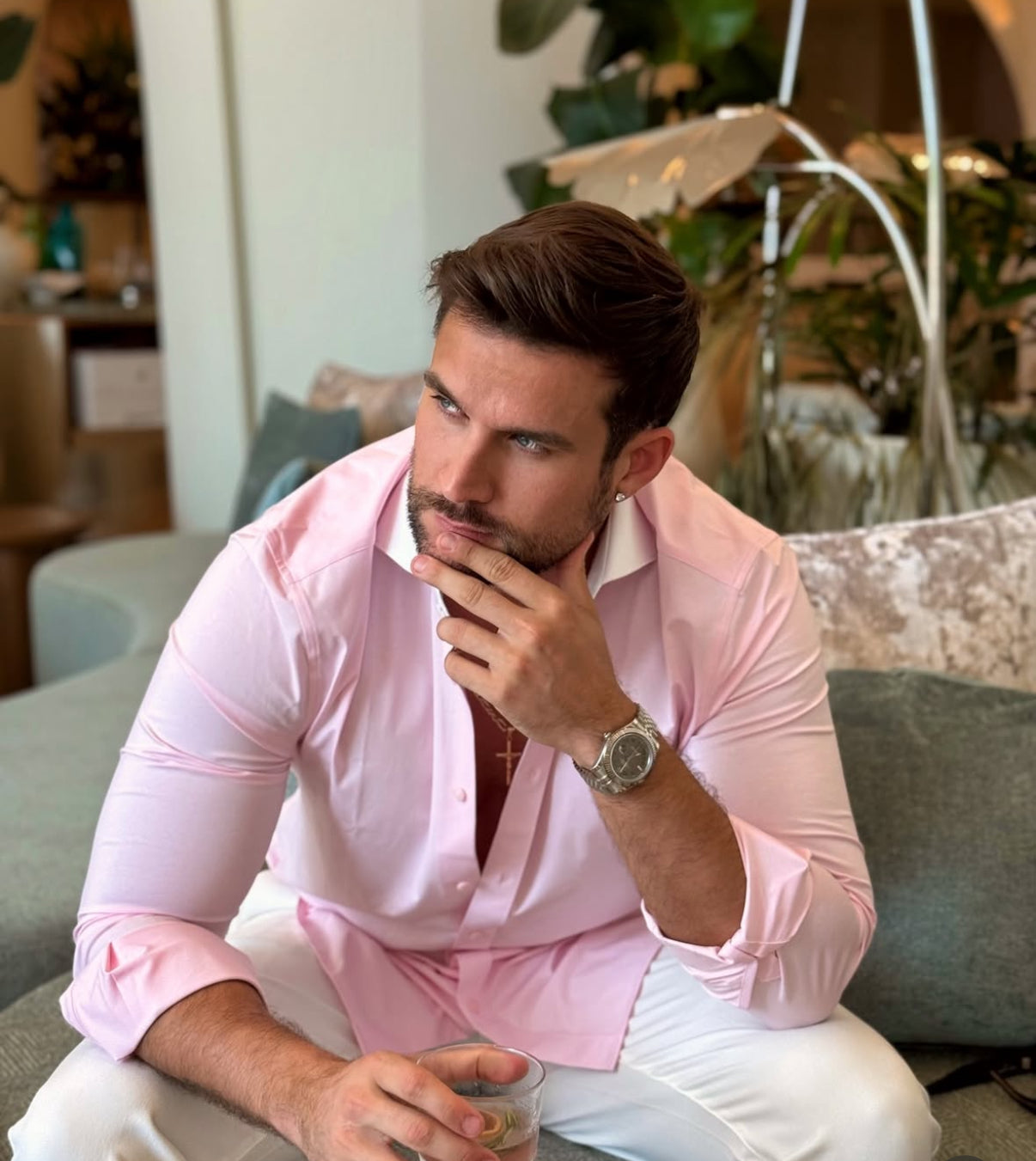 Pink Stretch Shirt with white collar contrast Long Sleeve