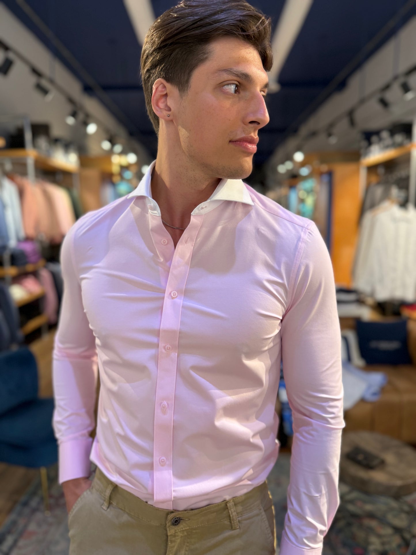 Pink with white collar Stretch Long Sleeve