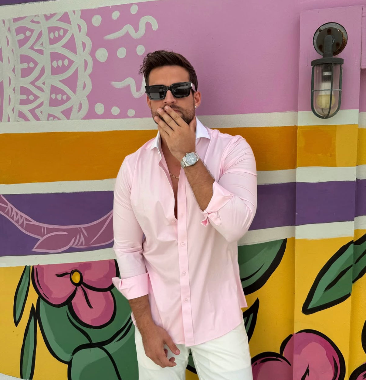 Pink Stretch Shirt with white collar contrast Long Sleeve