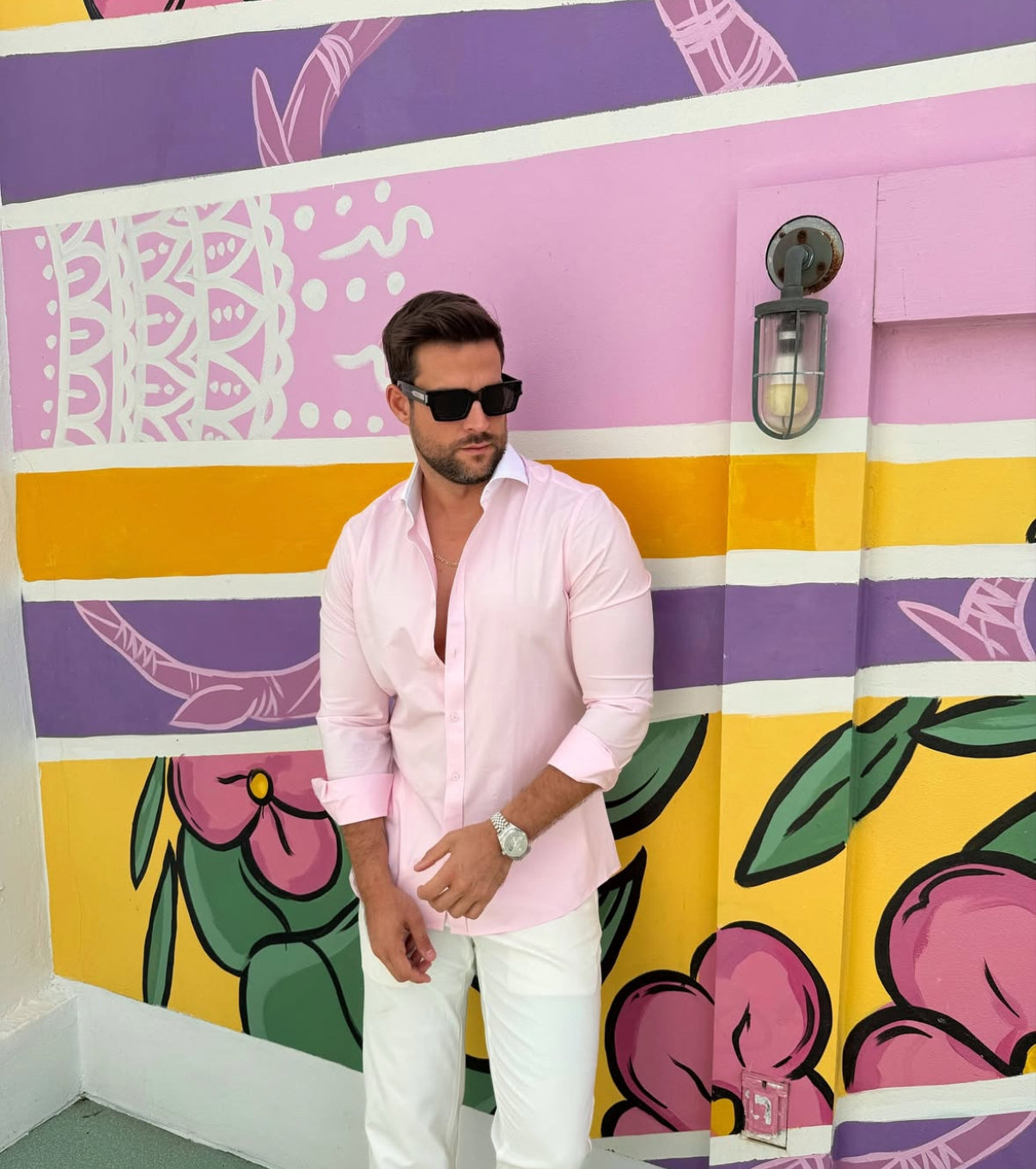 Pink Stretch Shirt with white collar contrast Long Sleeve