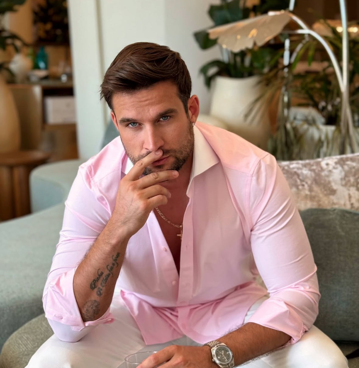 Pink Stretch Shirt with white collar contrast Long Sleeve