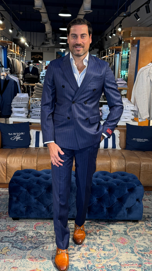 Classic Elegance with a Modern Twist: Double Breasted Suit with White Pinstripes