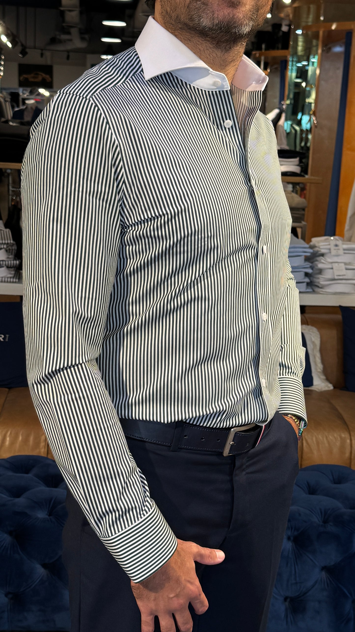 Green Striped Dress Shirt with White Collar – Sartori Amici