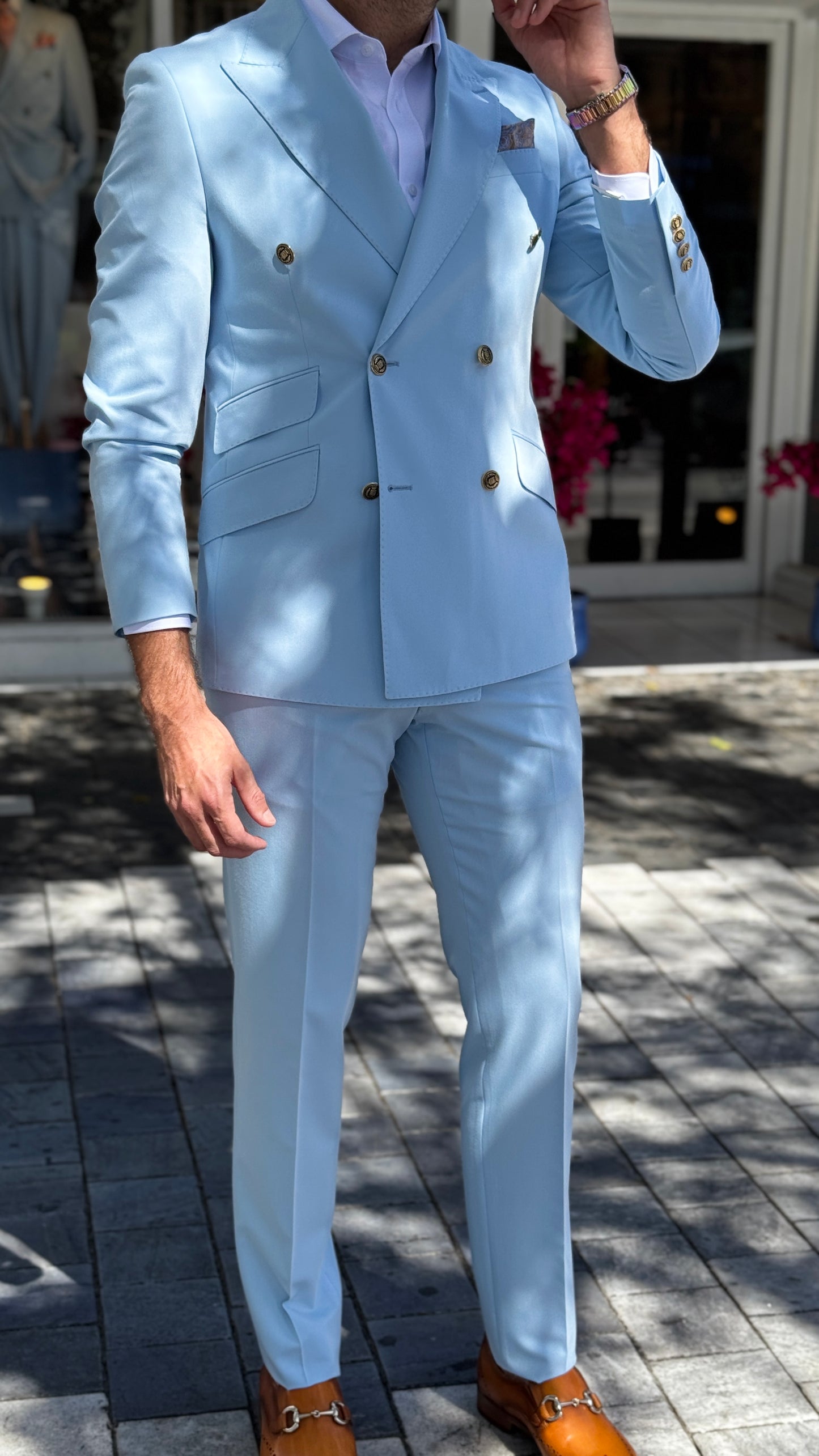 Sky Blue Double - Breasted Suit