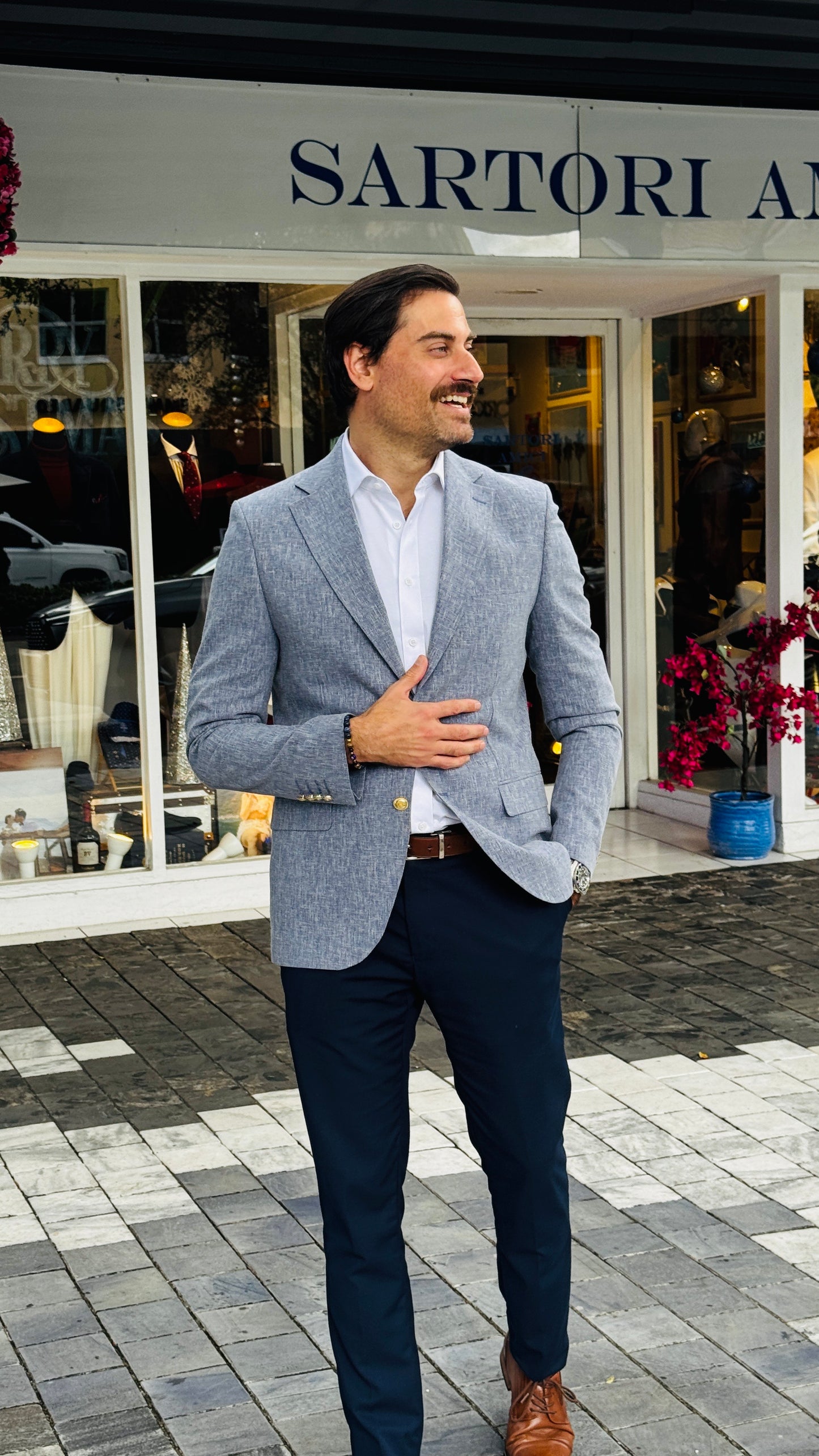 Light Blue Textured Blazer with Gold Buttons – Sartori Amici