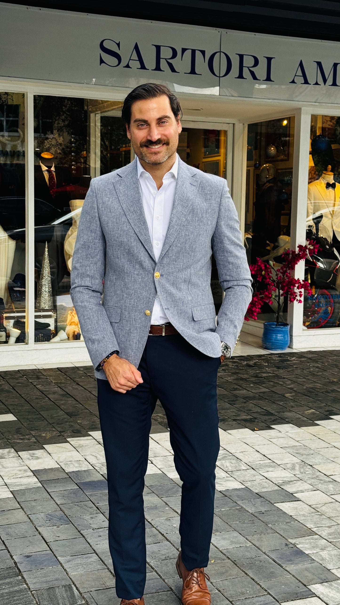 Light Blue Textured Blazer with Gold Buttons – Sartori Amici