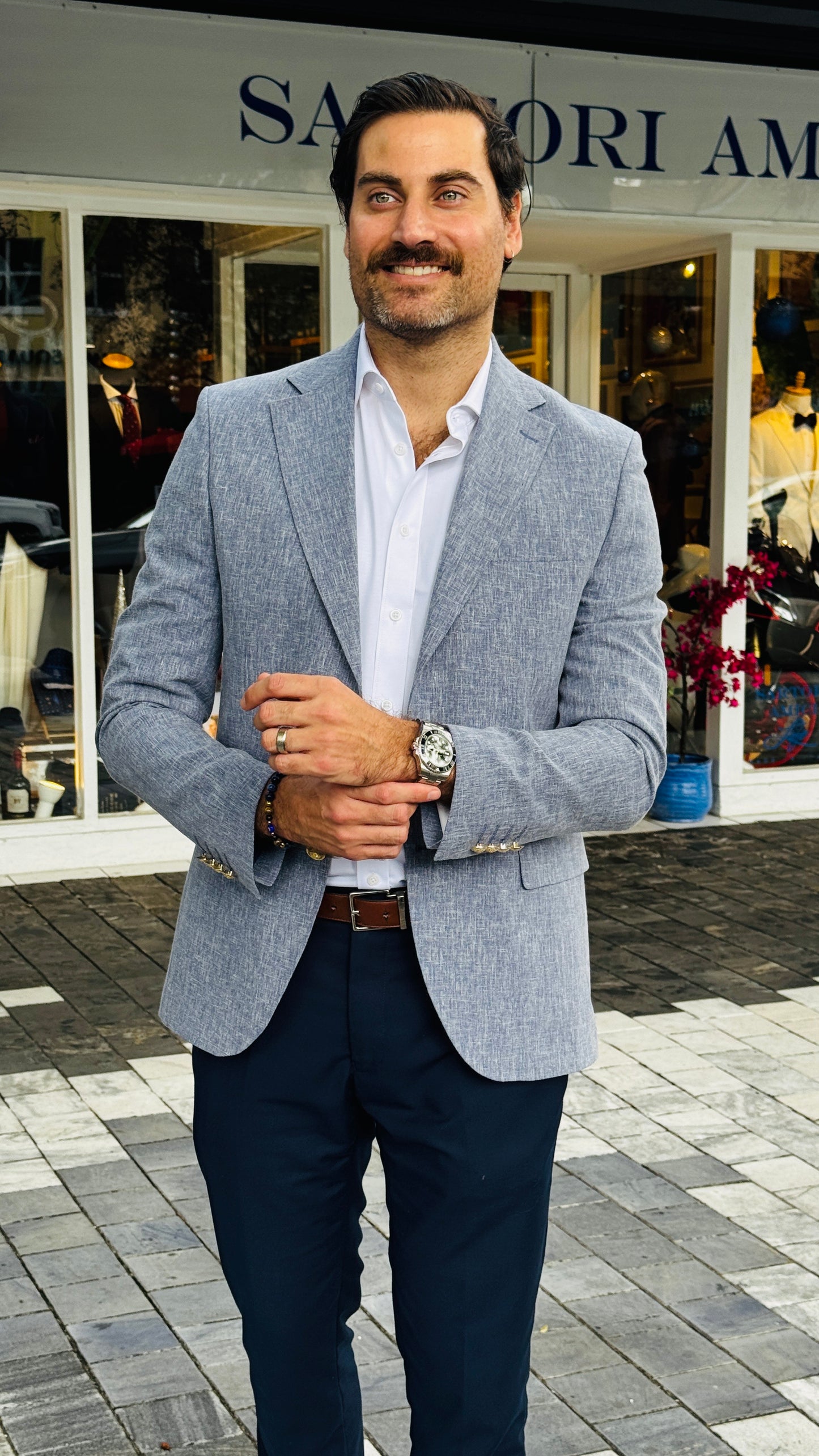 Light Blue Textured Blazer with Gold Buttons – Sartori Amici