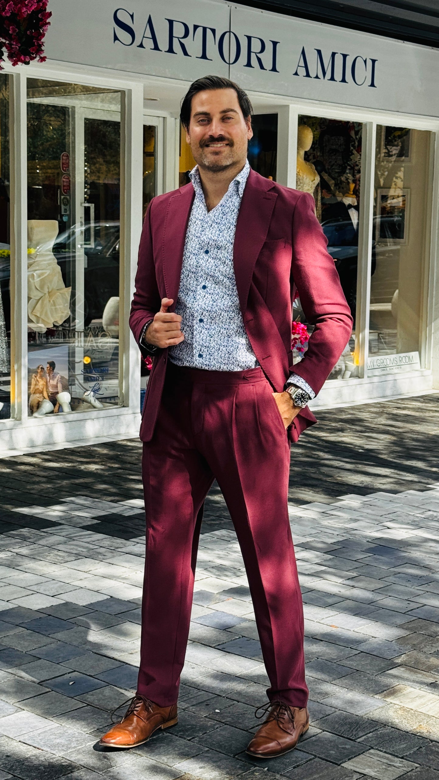 Burgundy Stretch Suit with Pleated Trousers – Sartori Amici