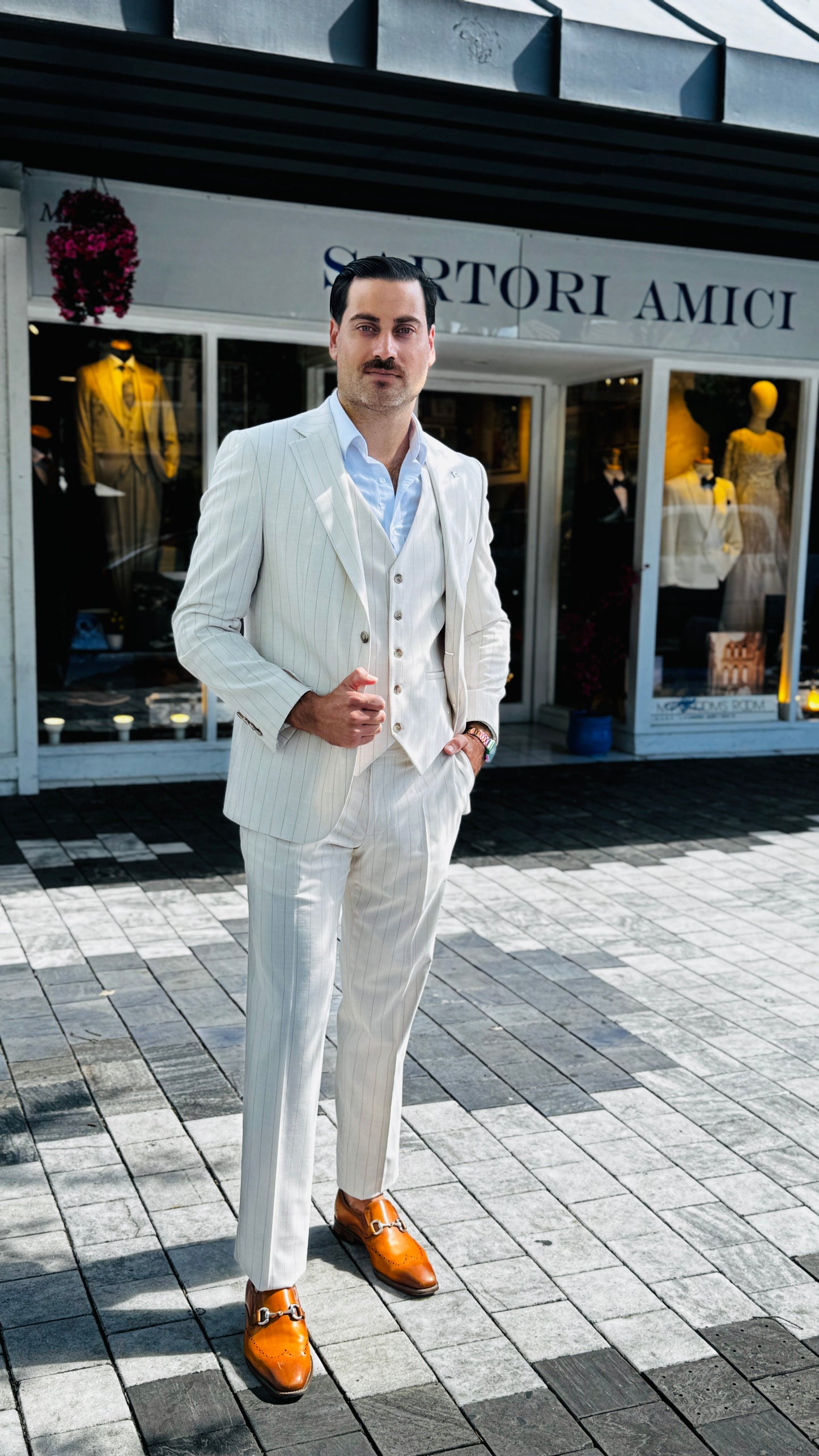 Three-Piece Beige Suit with Fine Gold Stripes