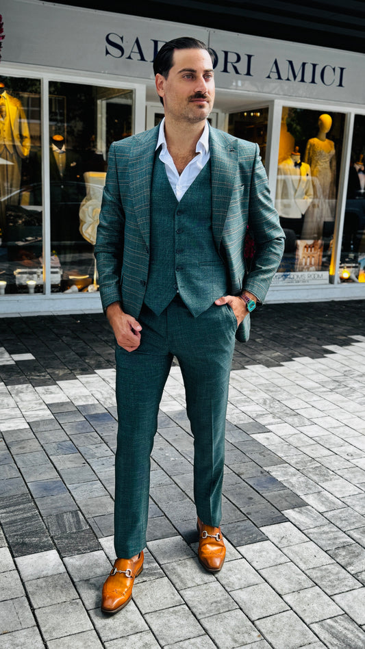 Three-Piece Green Suit with English-Style Checkered Jacket