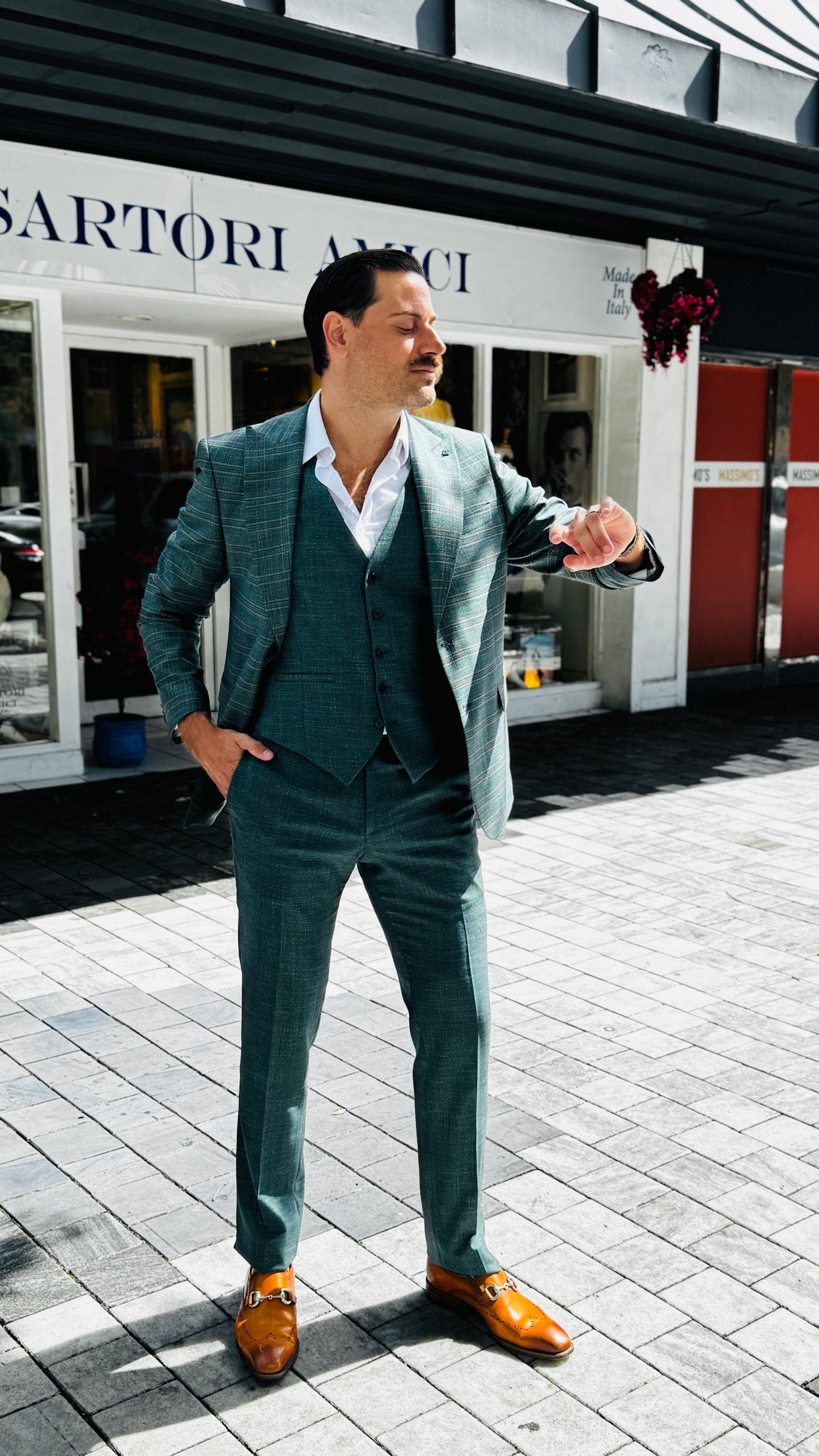 Three-Piece Green Suit with English-Style Checkered Jacket