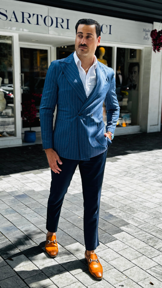 Blue Double-Breasted Jacket with White Stripes – Made in Naples, Italy