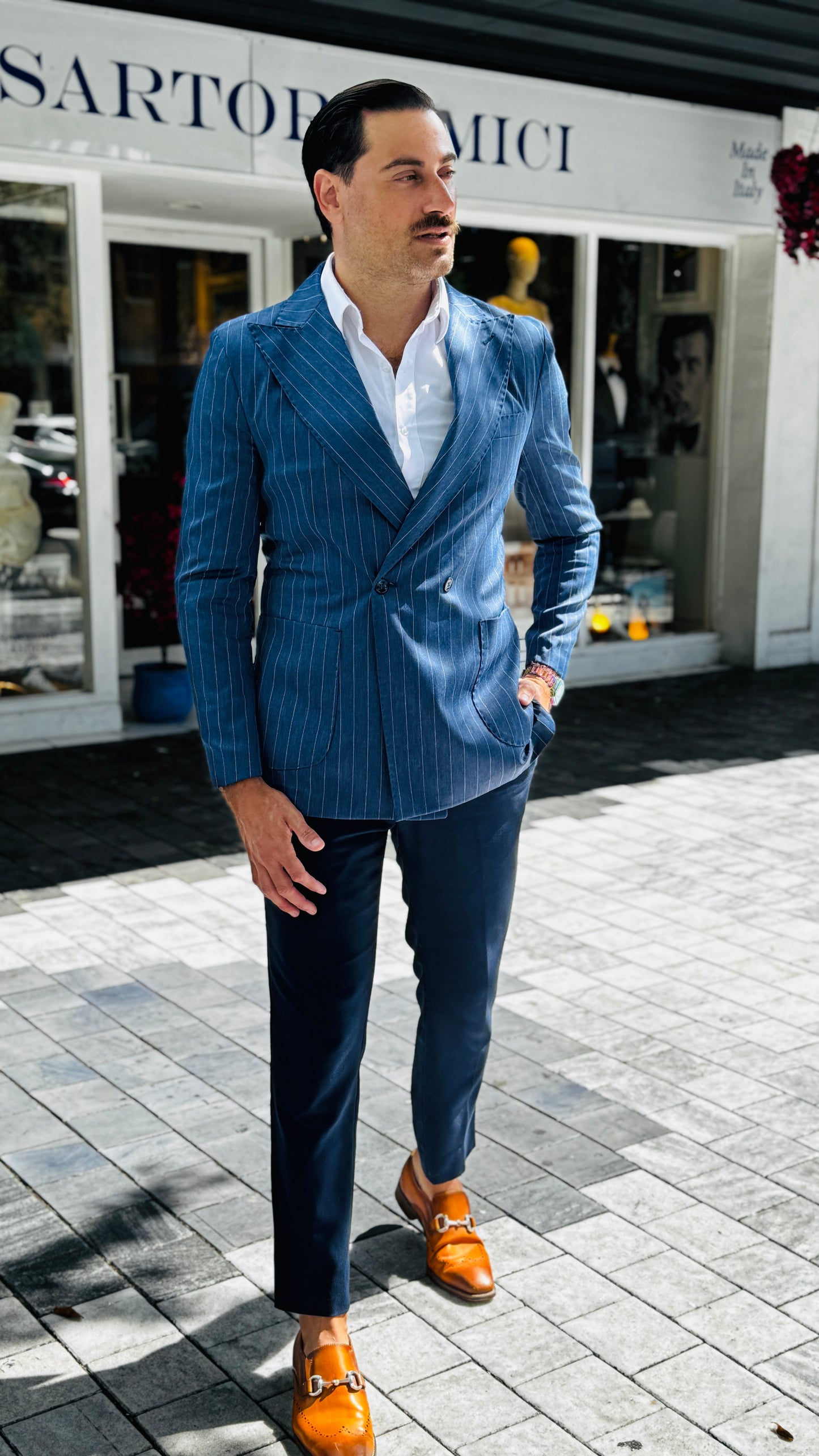 Blue Double-Breasted Jacket with White Stripes – Made in Naples, Italy