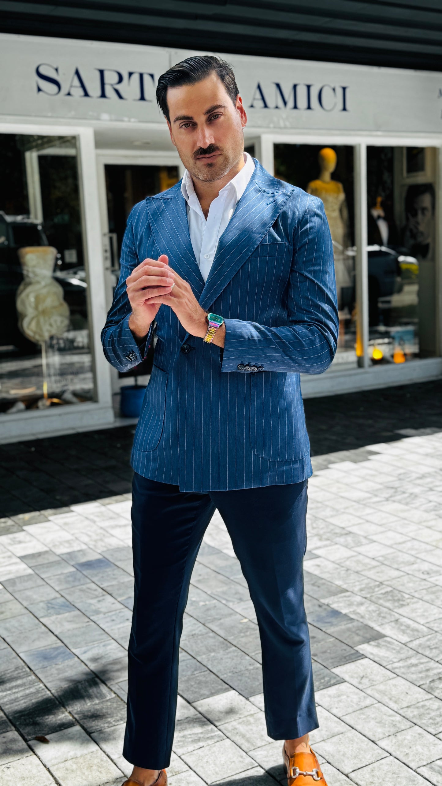 Blue Double-Breasted Jacket with White Stripes – Made in Naples, Italy
