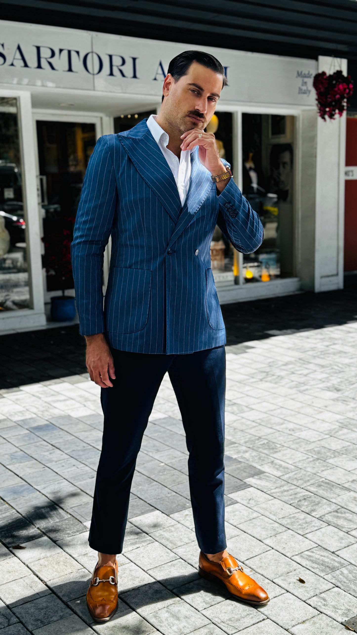 Blue Double-Breasted Jacket with White Stripes – Made in Naples, Italy