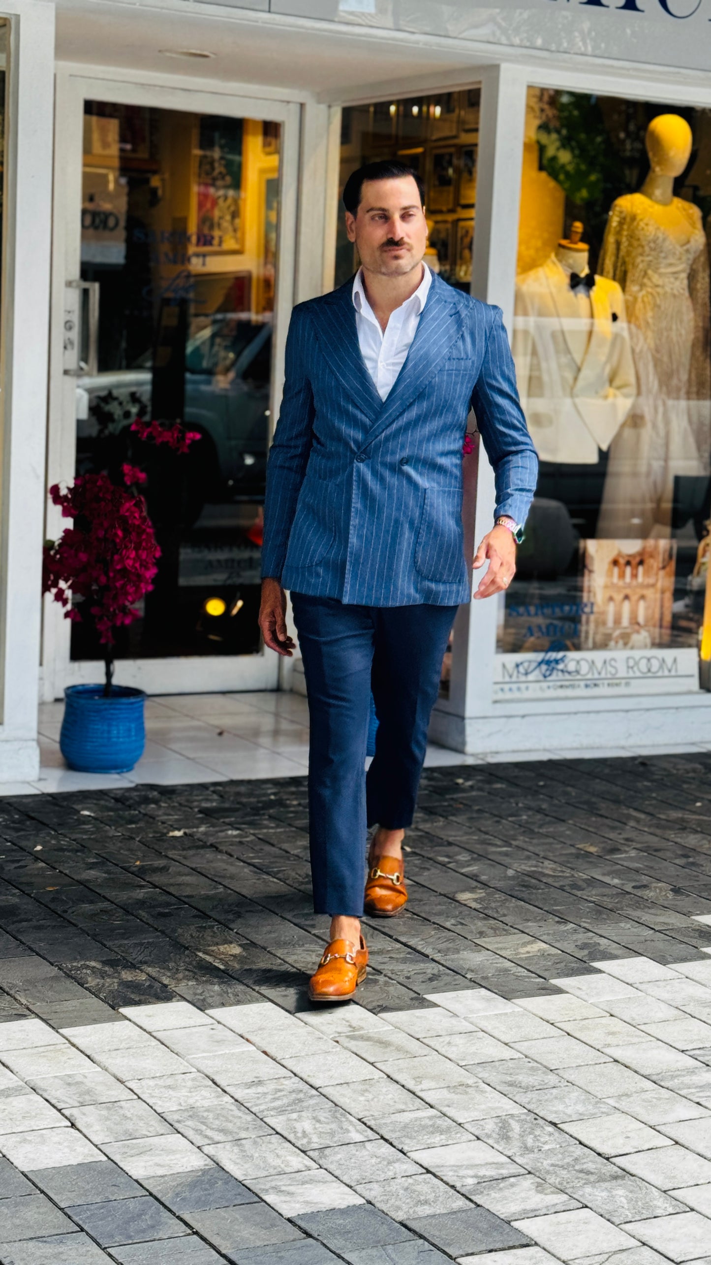 Blue Double-Breasted Jacket with White Stripes – Made in Naples, Italy