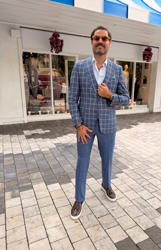 Blue Windowpane Three-Piece Suit