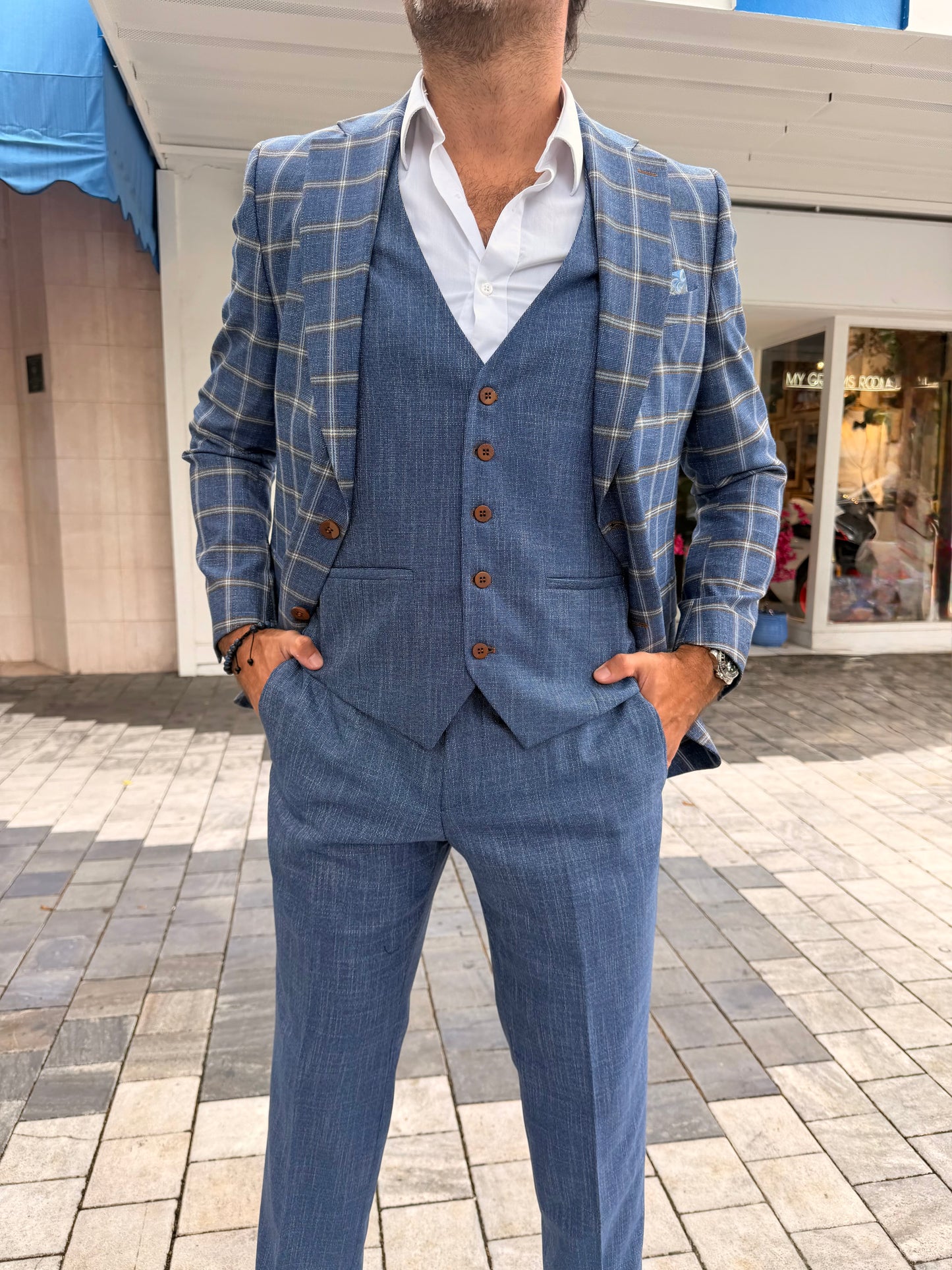 Blue Windowpane Three-Piece Suit